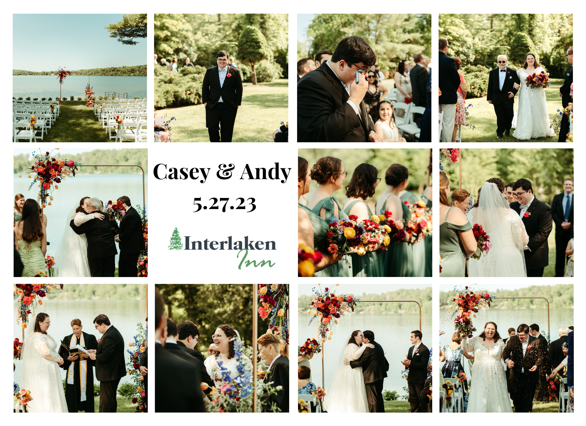 collage of scenes from Casey and Andy's wedding at the Interlaken Inn